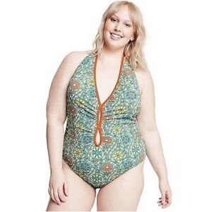 Rhode Zinnia Floral Print Halter High Leg Cheeky One Piece Swim Womens XXL NEW